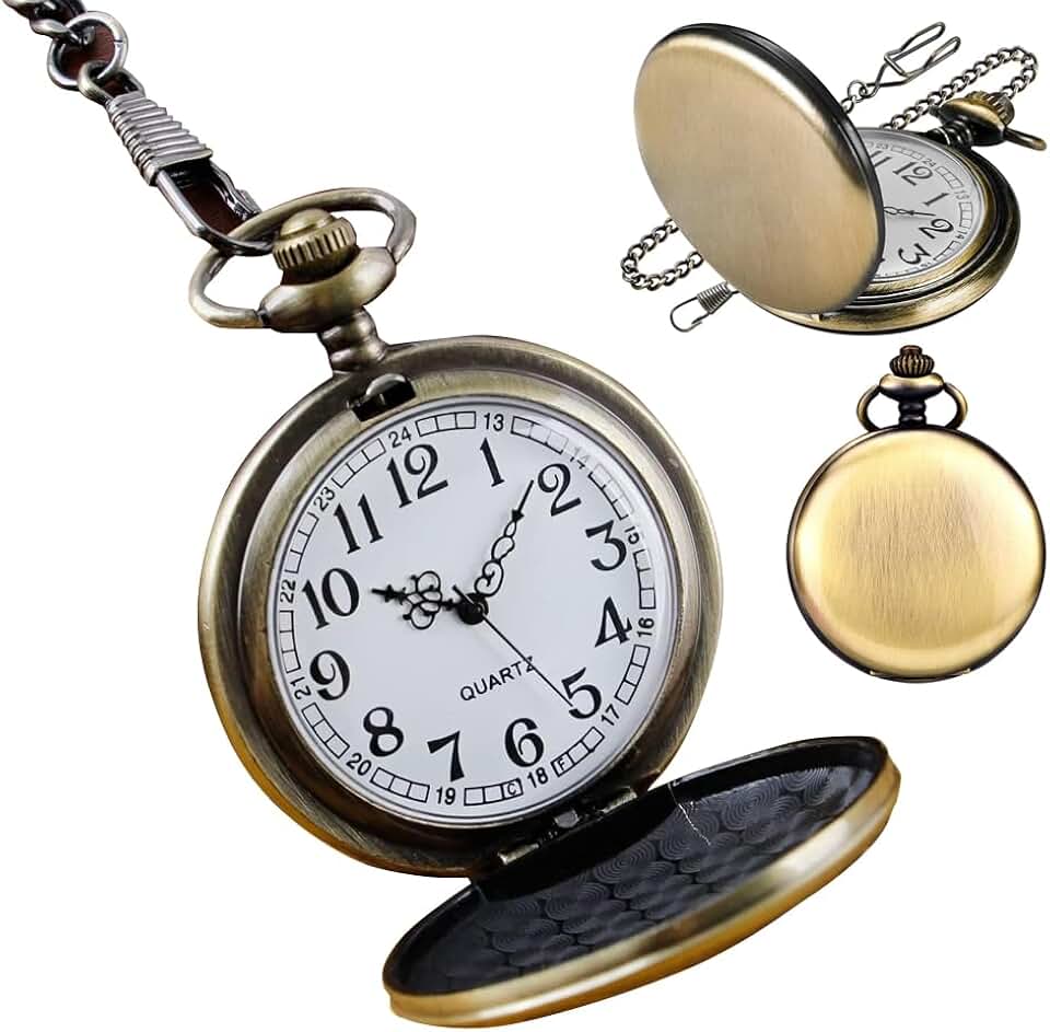 Relógio de Bolso Vintage com Corrente, Estilo Antigo, Acabamento Bronze Liso, Quartz