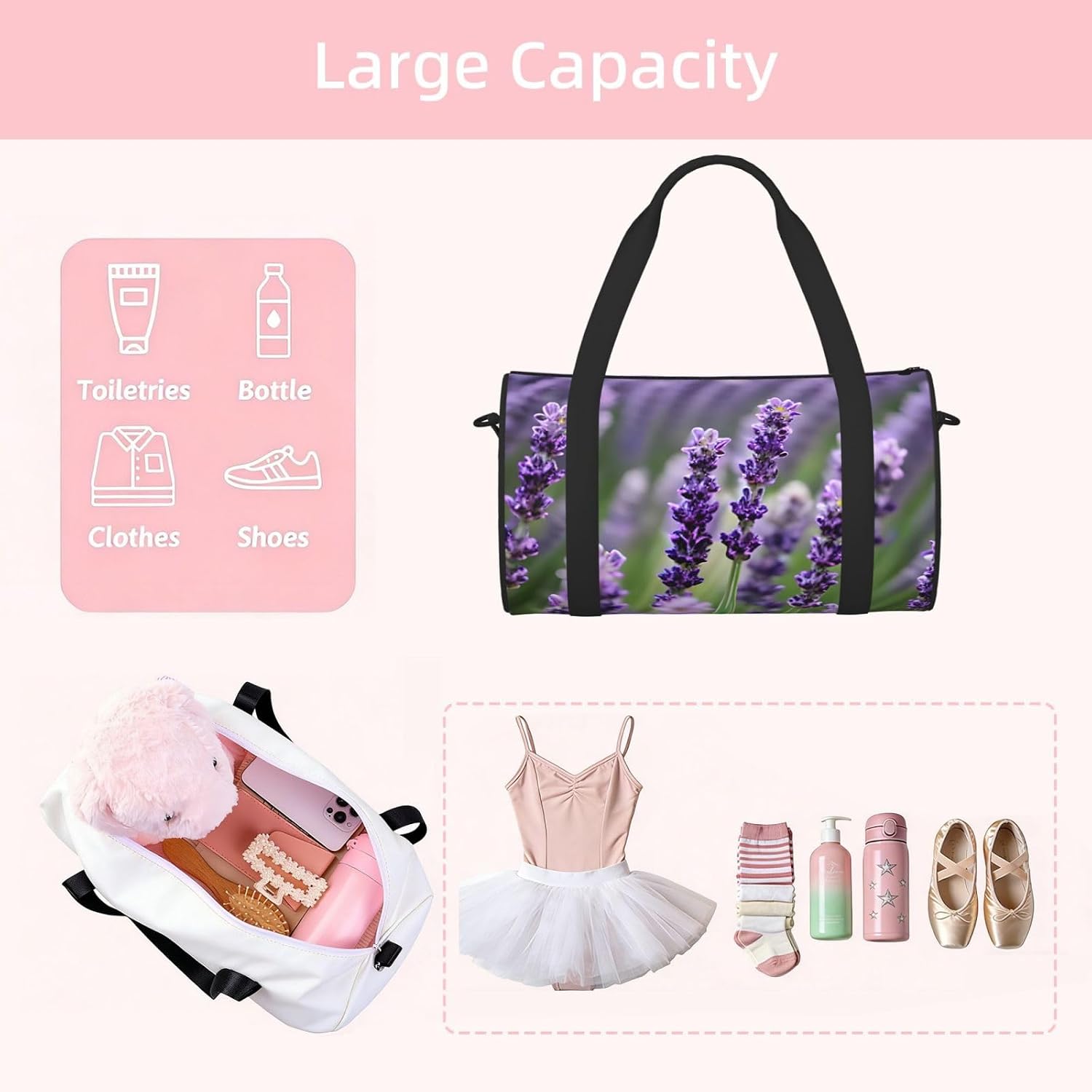 Purple Lavender Floral Flowers Print Sports Tote Bag Lightweight Water-Resistant Gym Backpack Travel Supplies