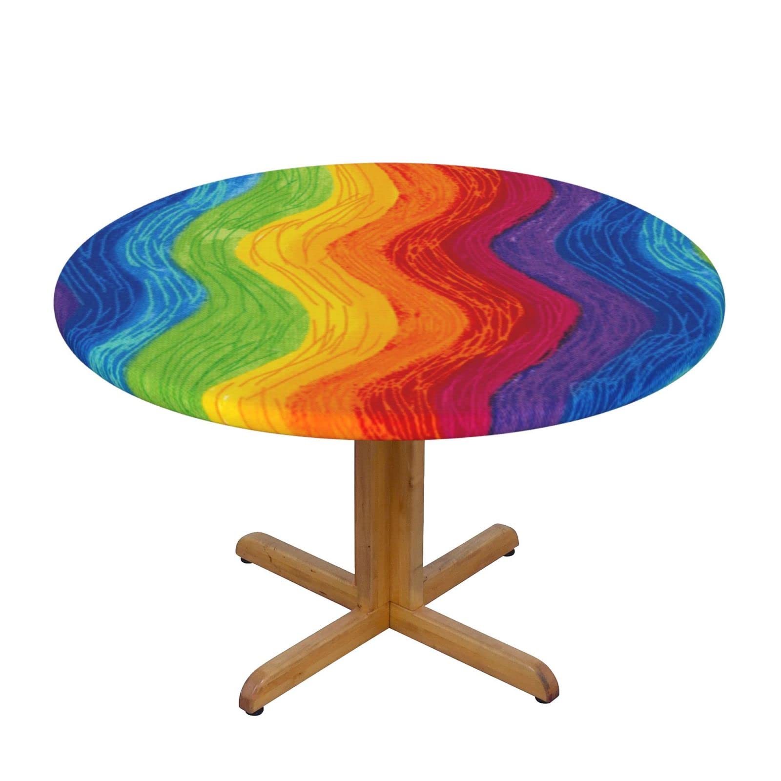 Lsjuee Round Fitted Tablecloth 40-44in Elastic Edged Table Cloth for Kitchen Dining Party Home Decor - Rainbow Wave Graffiti