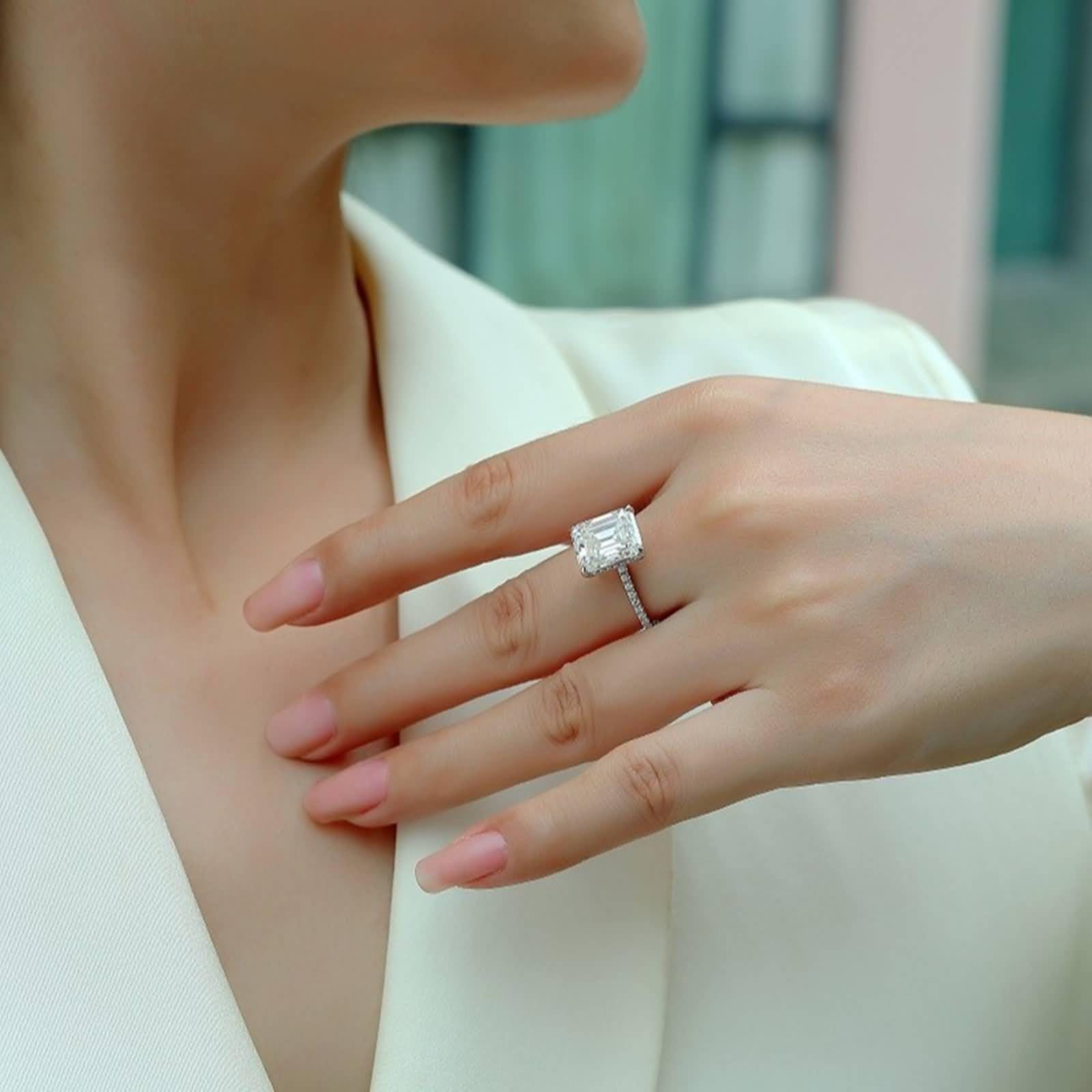 Ringe Damen Dünn, Engagement Ring Dünner Ring mit 9X11mm Rechteckigem Moissanit 4Ct Silber Platin Größe 50 (15.9)