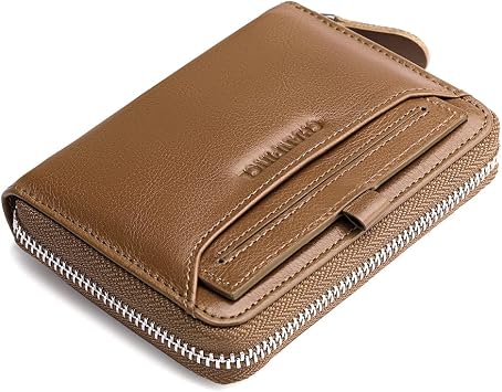 Mens Genuine Leather Zipper Wallet RFID Secure Large Capacity Multi-card Leather Wallets for Men and Extract card Vegetable tanned leather khaki