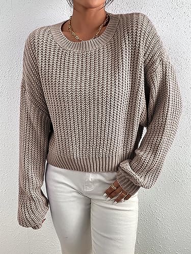 Sweaters for Women Fall Fashion 2023 Solid Round Neck Ribbed Knit Drop Shoulder Sweater Long Sleeve Sweater3