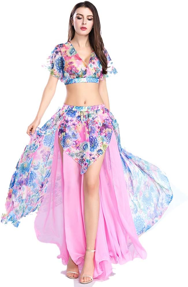 ROYAL SMEELA Belly Dance Top and Skirt 2pce Belly Dance Set Sexy Belly Dance Costumes Suit Practice Performance Dresses Floral Chiffon Tops Skirts Short Top Long Skirt Belly Dancing Outfit for Women