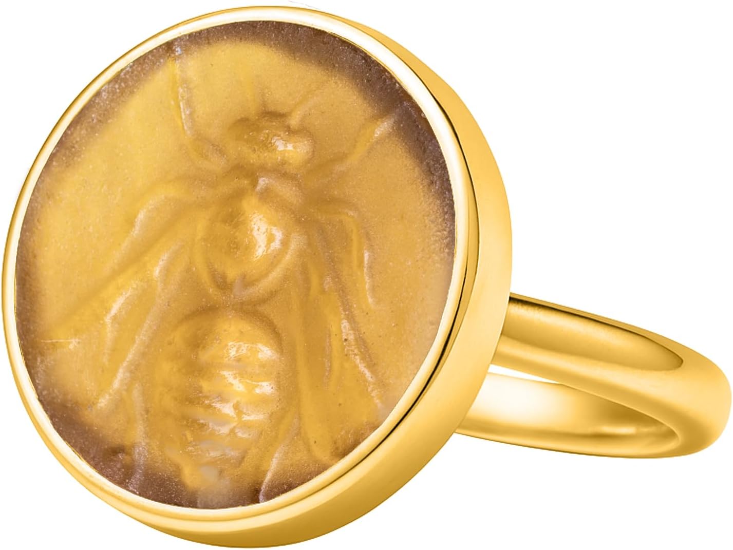 Honey Bee Quenn 24K Gold Vermeil 925 Sterling Silver Green Intaglio Ring – Cameo Coin with Artemis Bumblebee Greek Goddess of Love – Handmade Mythology Jewelry for Women, Elegant Signet