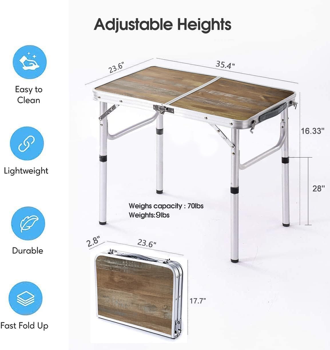 YUFIFAIRY Aluminum Camp Table, Folding Table Portable,Lightweight,Foldable with 2 Adjustable Height, Indoor Outdoor Table for Cooking, Picnic, (2 Heights), 36''L x24''W