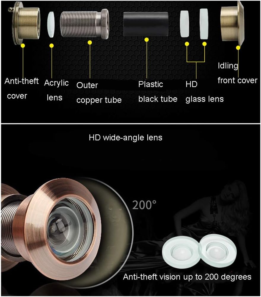 ARCH Copper Peephole Camera 200 Degree HD Optical Wide-Angle Door Camera Anti-Theft Door Cat Eye Anti-pry Glass Lens with Cover Home Security System (Color : Yellow Patina)