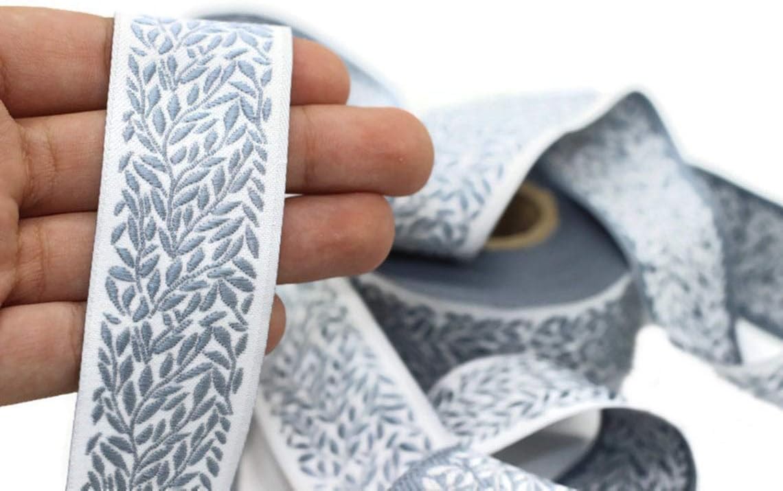 11 Yard Spool 1.37 inches Wide Blue Leaf Tendril Ribbon Jacquard Trim Jacquard Ribbon Sewing Trim 35270-V5