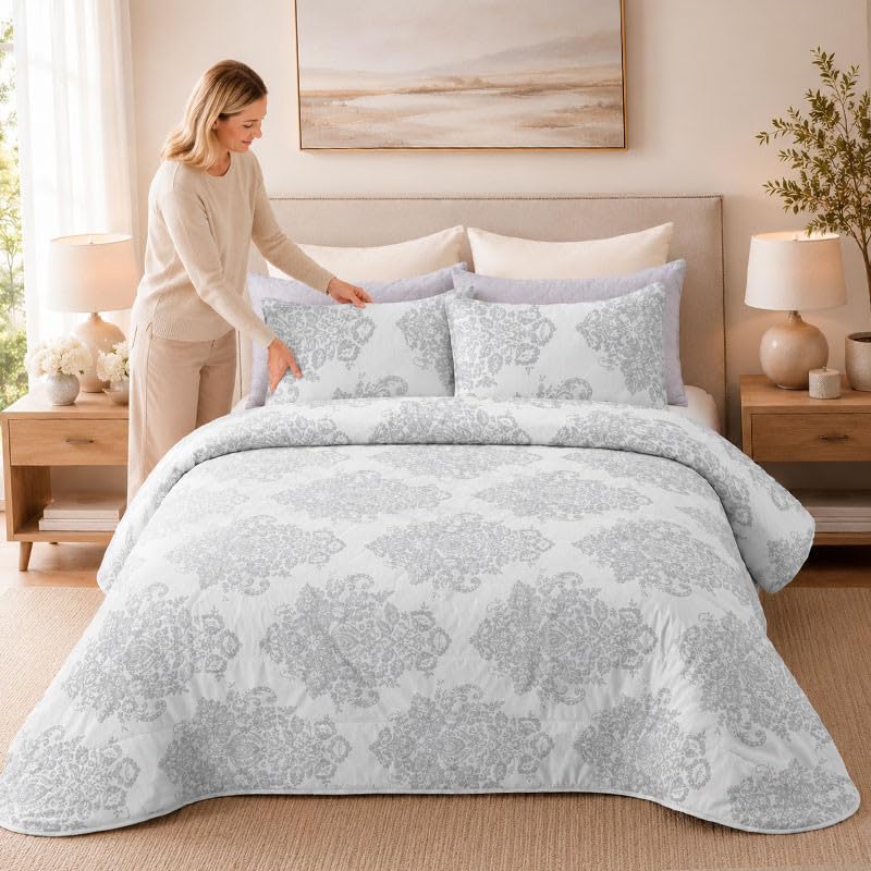 Rufino Díaz Colcha Prelavada Jacquard Enoque + Funda de Cojín (Gris - 135 cm) - para una sensación acogedora y de Confort - Tejido Suave, Agradable y Resistente