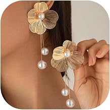 Gold Flower Earrings for Women Floral Pearl Earrings Big Floral Statement Earring Spring Dangle Earring Jewelry Gift