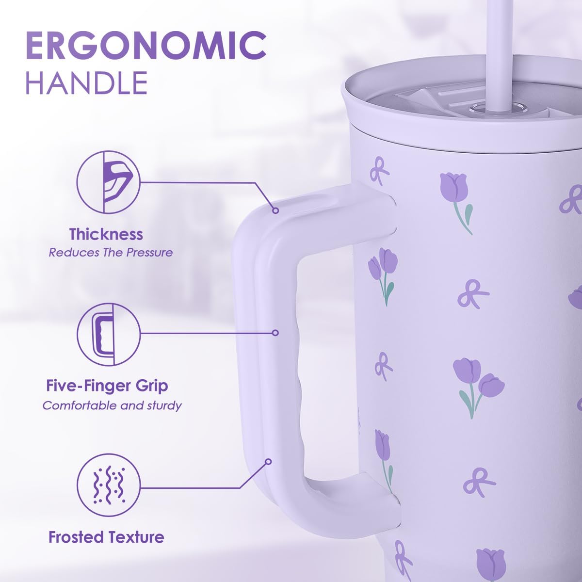 SANDJEST Floral 40oz Tumbler with Handle and Straw – Tulip Insulated Stainless Steel Travel Coffee Mug for Women Girls, Floral Gift Idea for Birthday Christmas Mothers Day image 3