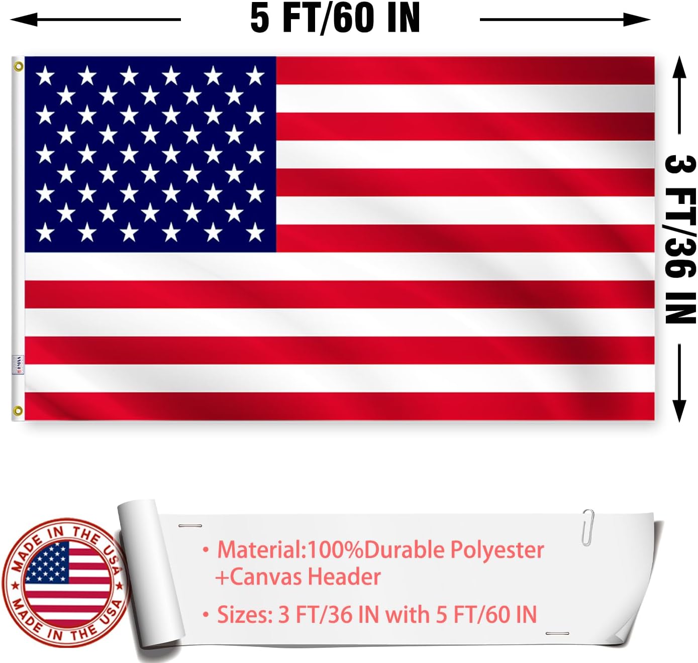 American Flag - American Flags for Outside 3X5-100% Made in USA Flag - Double Sided US Flag Heavy Duty Polyester Outdoor Vivid Color United States Flag with 2 Brass Grommet