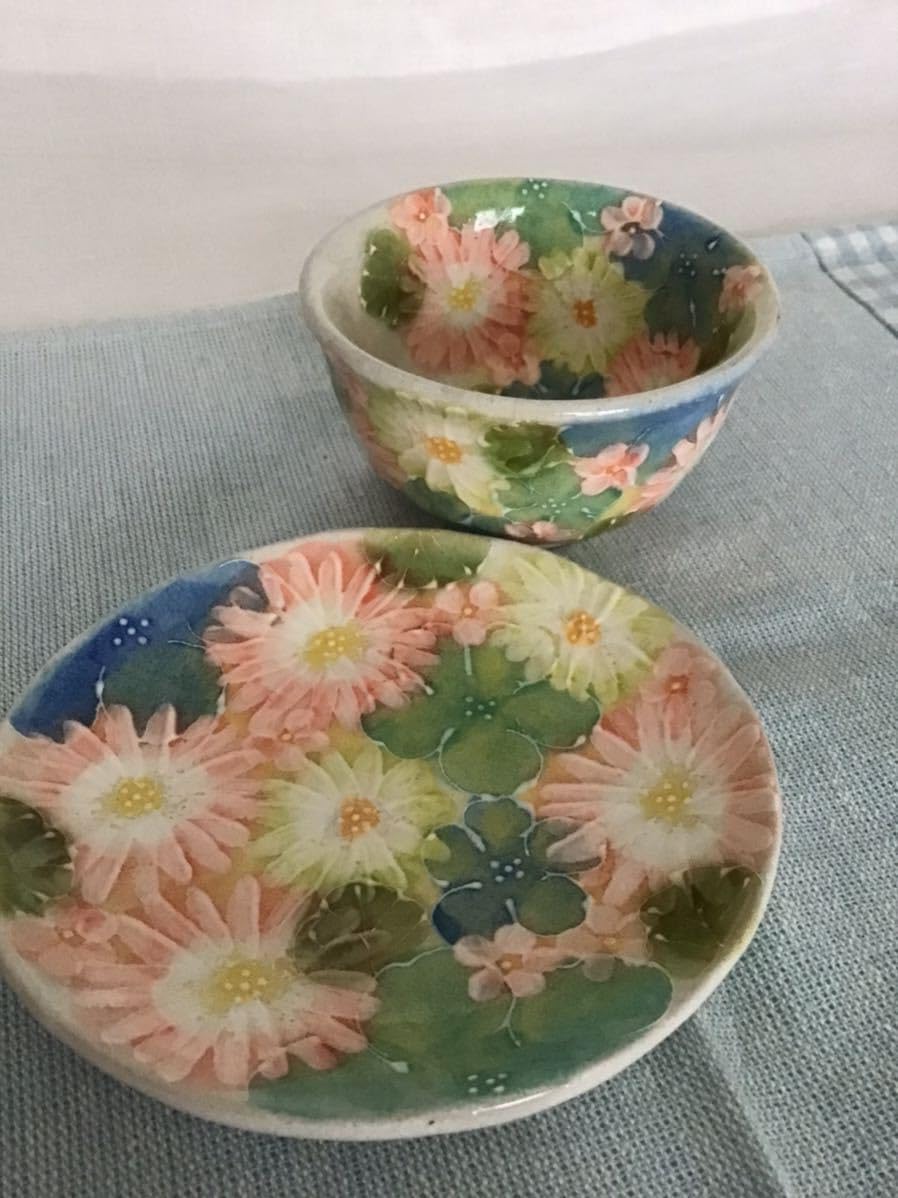 工房ゆずりは 瀬戸焼 食器 色彩花 手描 花柄 茶菓セット 湯のみ
