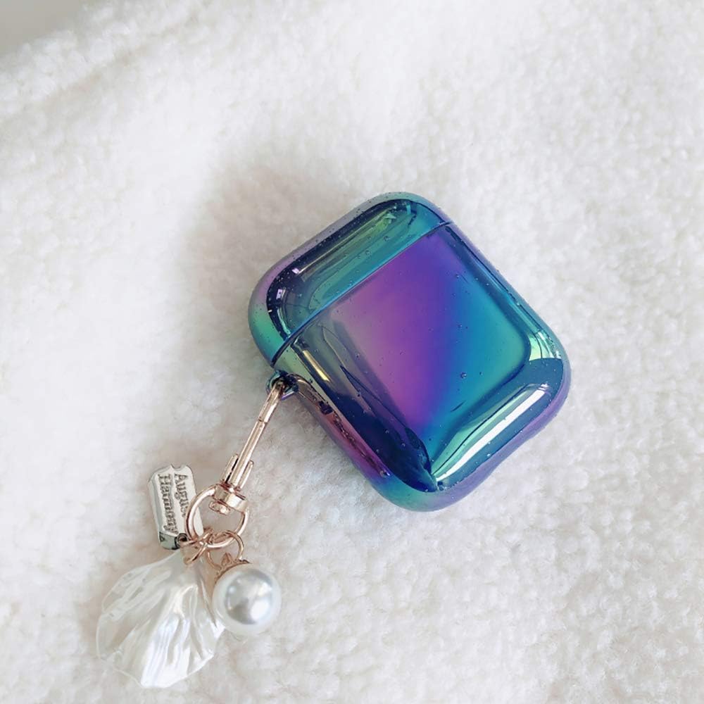 Ownest Compatible with AirPods Case with Shell Keychain Water Drop Rainbow Glitter Cute Girls Boys Woman Case Hard PC Cover Case for Airpods 2 &1,Cute for Airpods-Blue