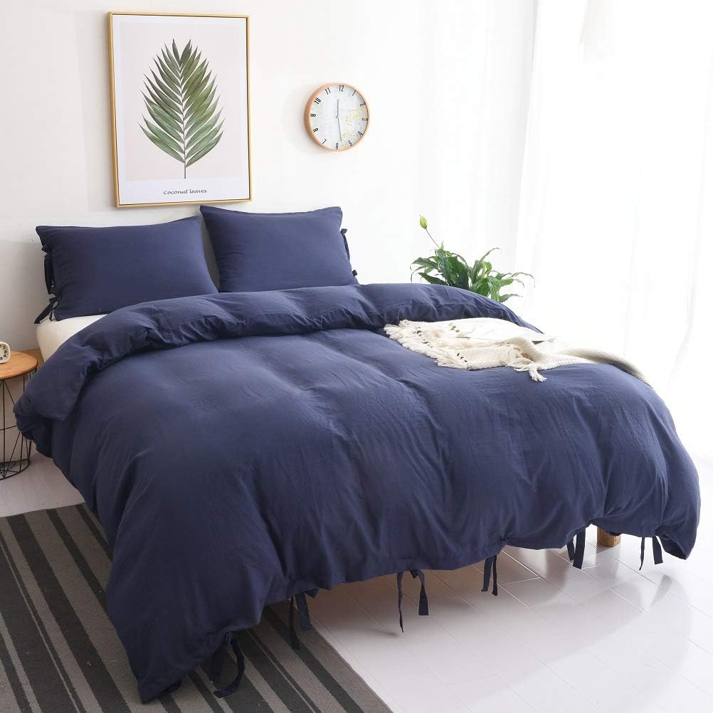 M&Meagle Duvet Cover Navy Blue,Solid Color Bowknot Design,100% Microfiber Treated by Washed Cotton Process,Feels Like a Very Soft Cotton-King Size (3Pcs,1 Duvet Cover 2 Pillowcases)