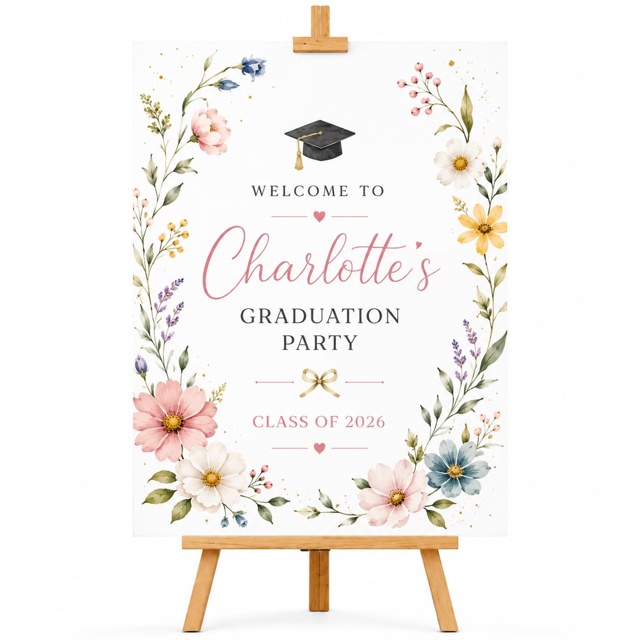 Personalised Graduation Party Welcome Sign Board Class of 2026 Grad Party Decorations Keepsake Gift A1,A2,A3 (Wildflower)