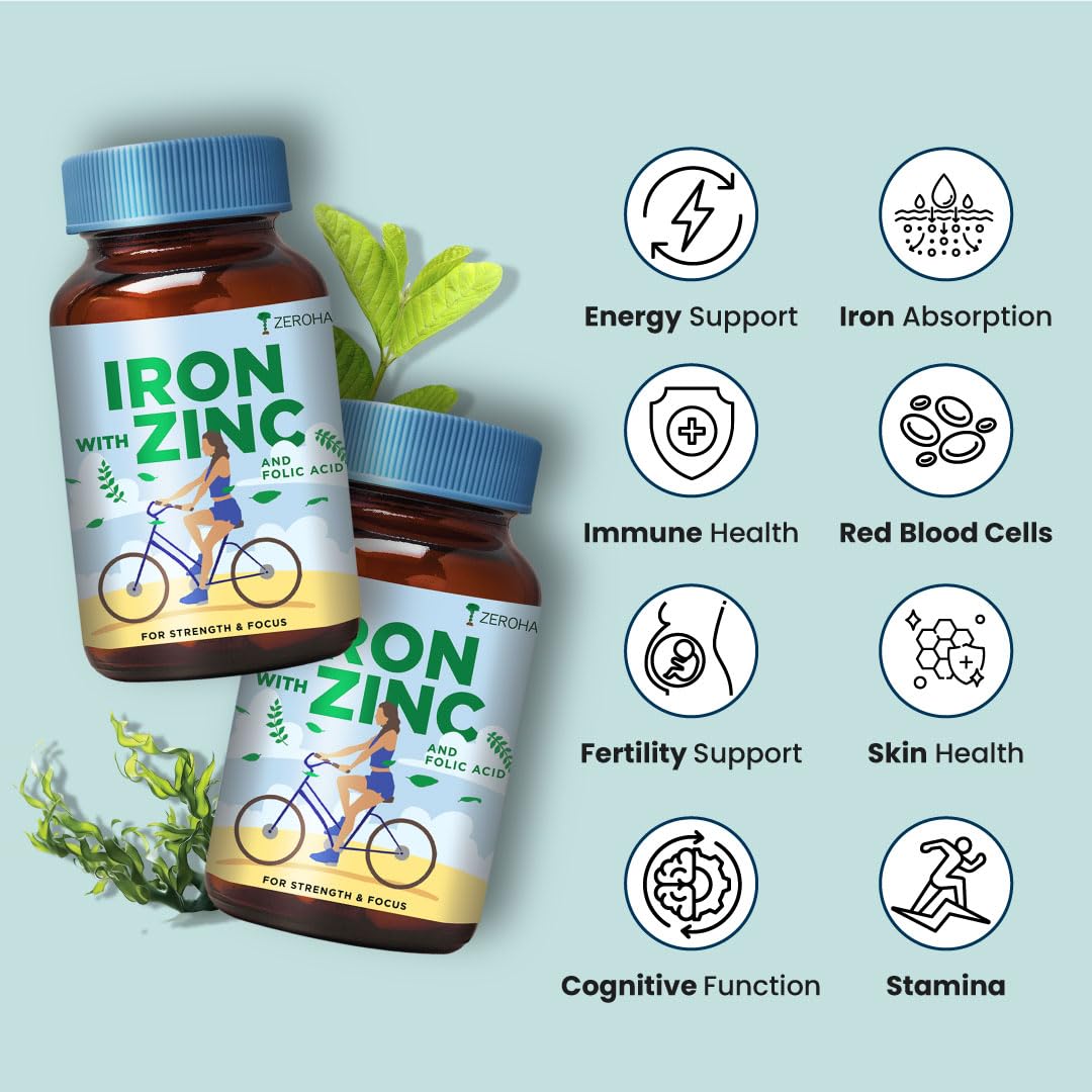 Zeroharm iron, zinc, folic acid and vitamin B12 tablets - Nano ready for high absorption - energy, immunity, skin, hair and daily welfare support - plant based supplement for men, women - 60 tablets - 60 tablets Zeroharm iron, zinc, folic acid and vitamin B12 tablets - Nano ready for high absorption - energy, immunity, skin, hair and daily welfare support - plant based supplement for men, women - 60 tablets - 60 tablets