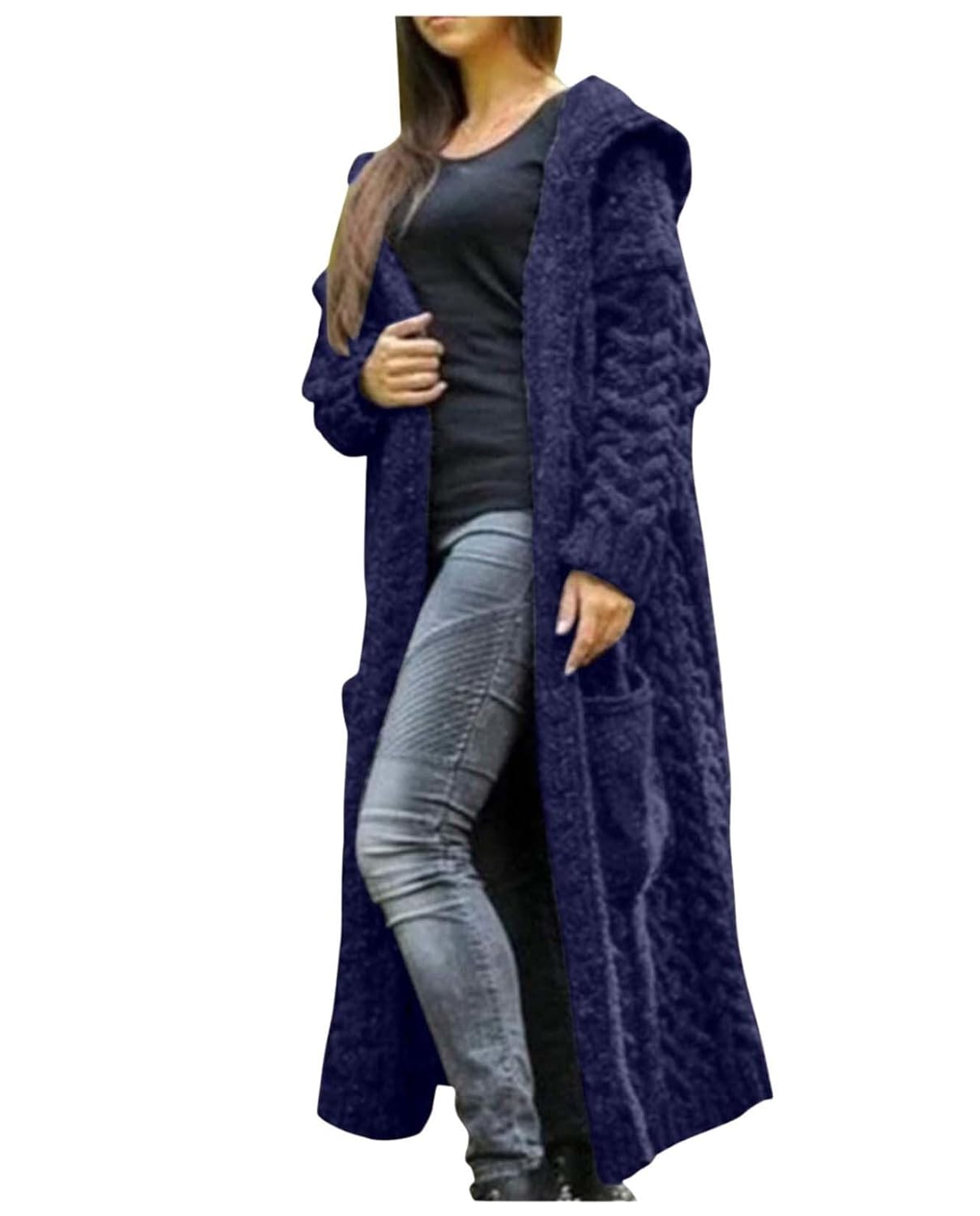 Chunky Sweater Coats for Women Long Cardigan with Hood Fall Winter Cable Knit Duster Sweaters Plus Size Casual