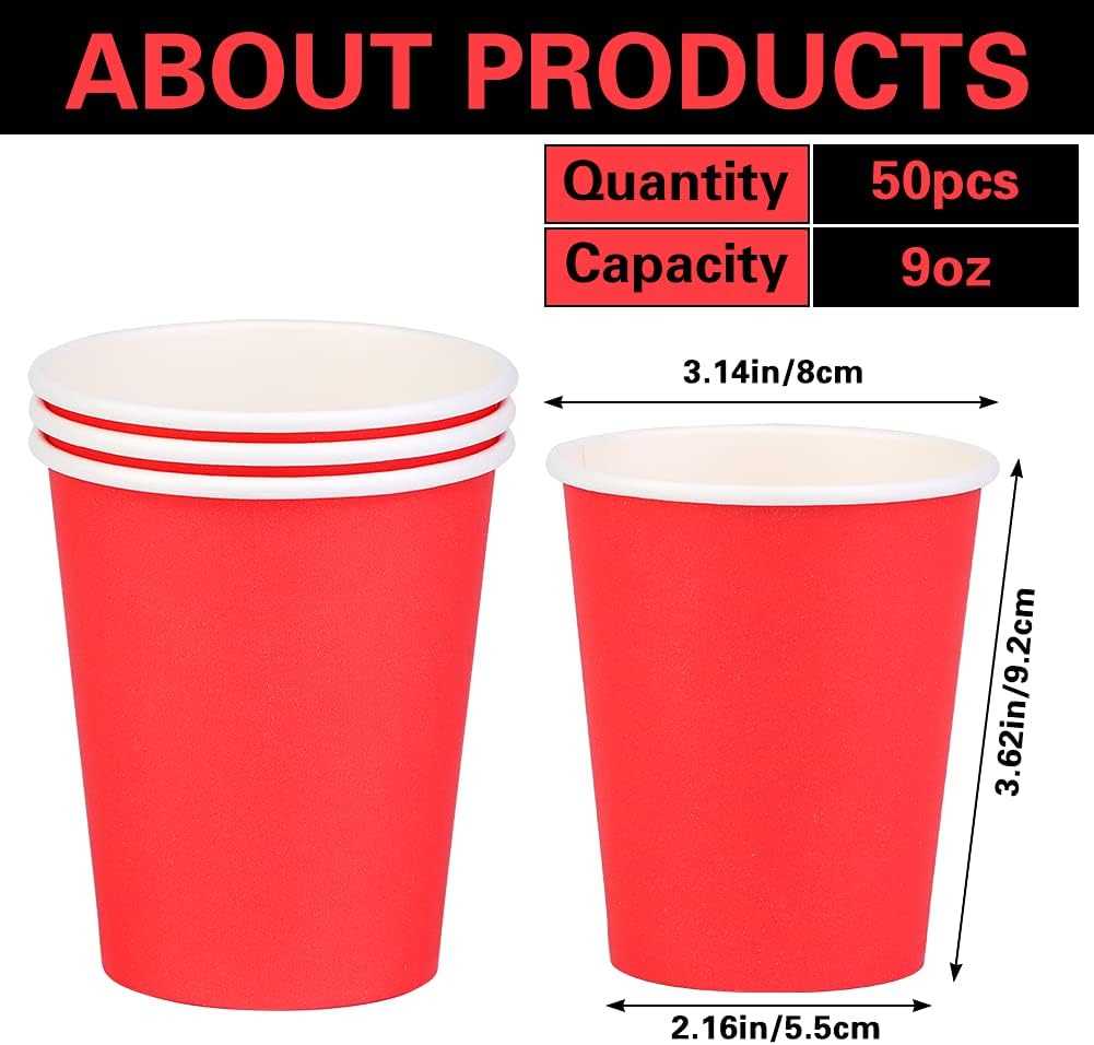 Paper Cups 8 oz 50 Pack, Disposable Paper Coffee Cups for Hot or Cold Beverage Drinking for Party, Picnic, BBQ, Travel, and Event -Red - Image 2