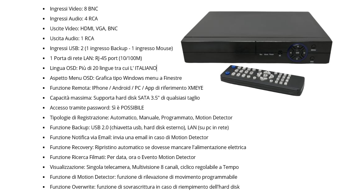 DVR 8 CANALI CON HARD DISK 1 TERA IBRIDO 2 MPX 5 IN 1 P2P CON USCITA VIDEO BNC COMPATIBILE CON TUTTE LE TELECAMERE