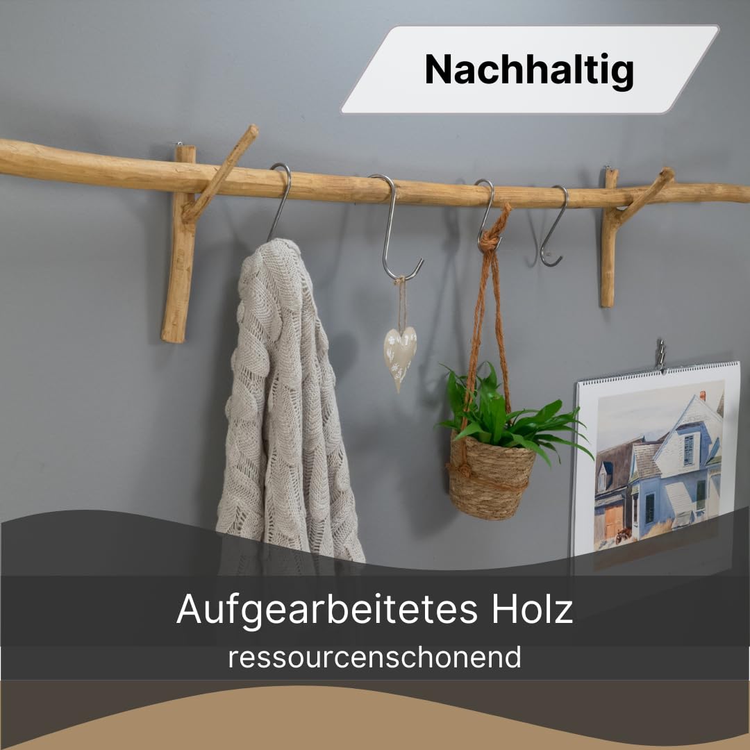 HOLZ STANGE Vara | Teakholz, 165 cm mit Wandhaken | Ast Aufhänger, Teak Gardinenstange, Treibholz Vorhangstange, Garderoben Stange