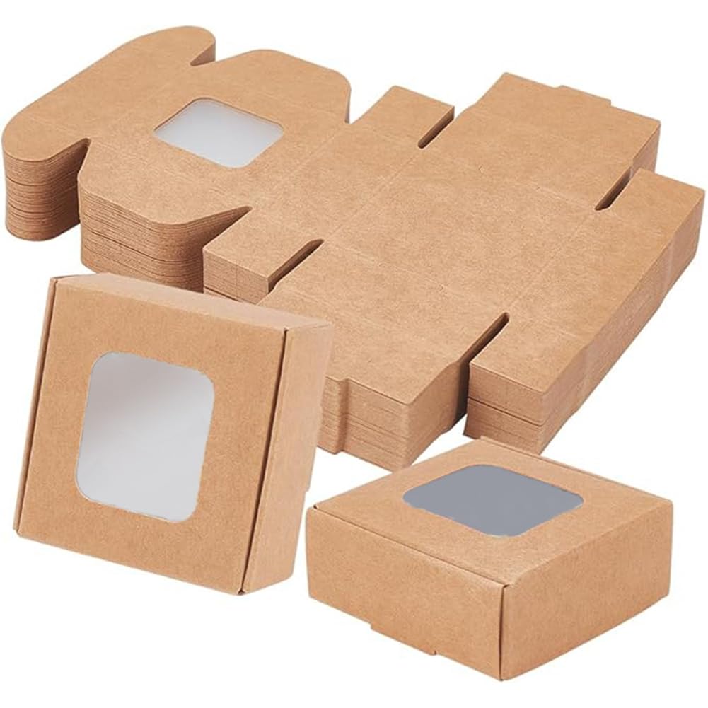 BENECREAT 48 Packs 5.5x5.5x2.5cm Brown Kraft Paper Box with Clear Windows Foldable Paper Gift Box Goodies Candy Box Dessert Box for Party Wedding Bakery Packaging