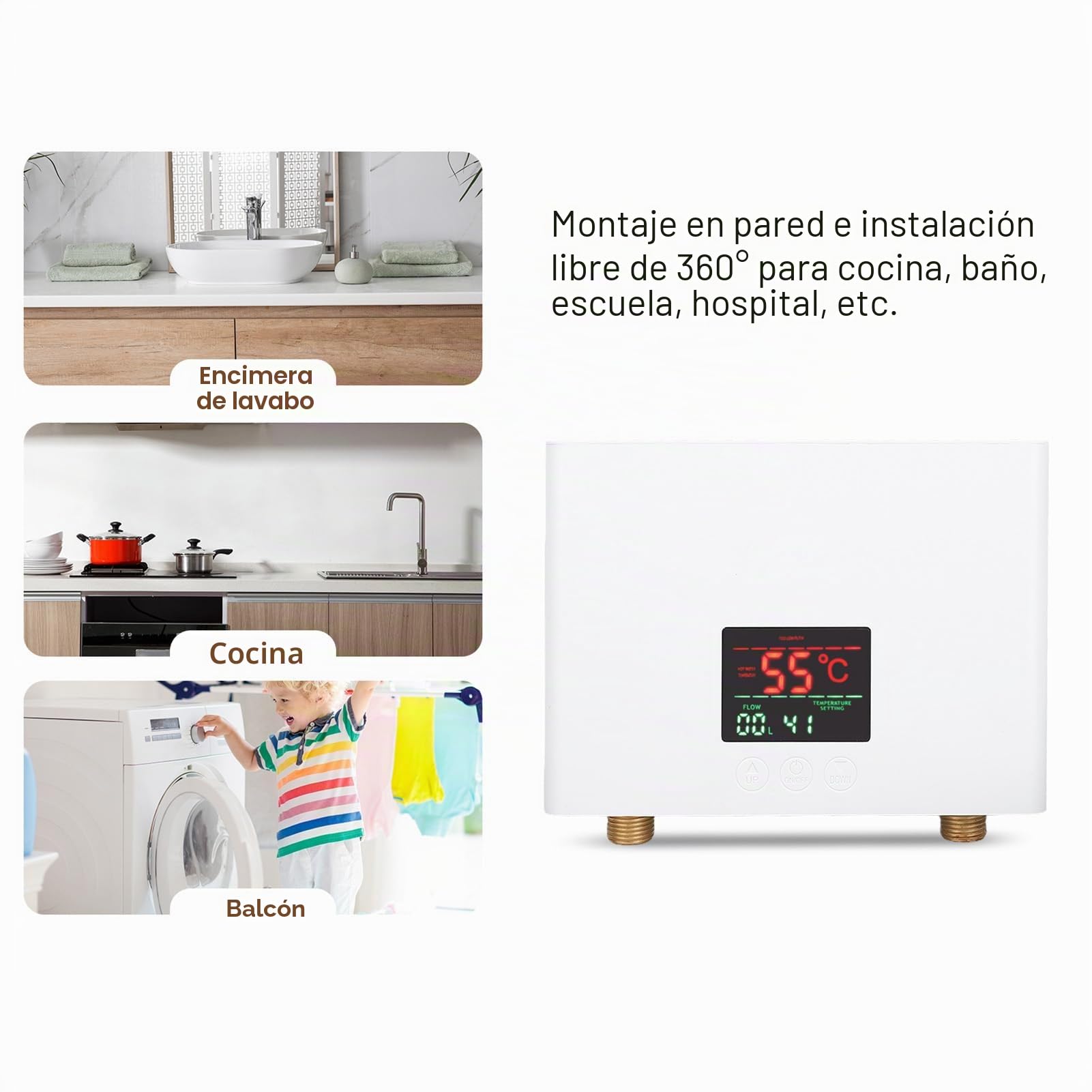 Calentador de agua instantáneo, 5500 W, mini calentador de agua eléctrico, montaje en pared, con indicador LED y mando a distancia, para casa, caravana, cocina, baño, color blanco