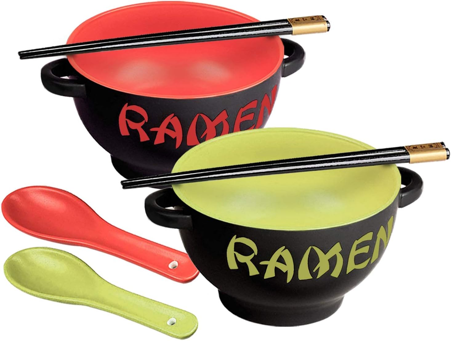 Japanese Ceramic Ramen Bowl Set of 2 - Soup Spoon and Chopsticks - Serving Bowls for Noodle, Ramen, Udon, Miso, Thai, and Pho Soup 17.5 Ounce Red Dragon and Green Rooster