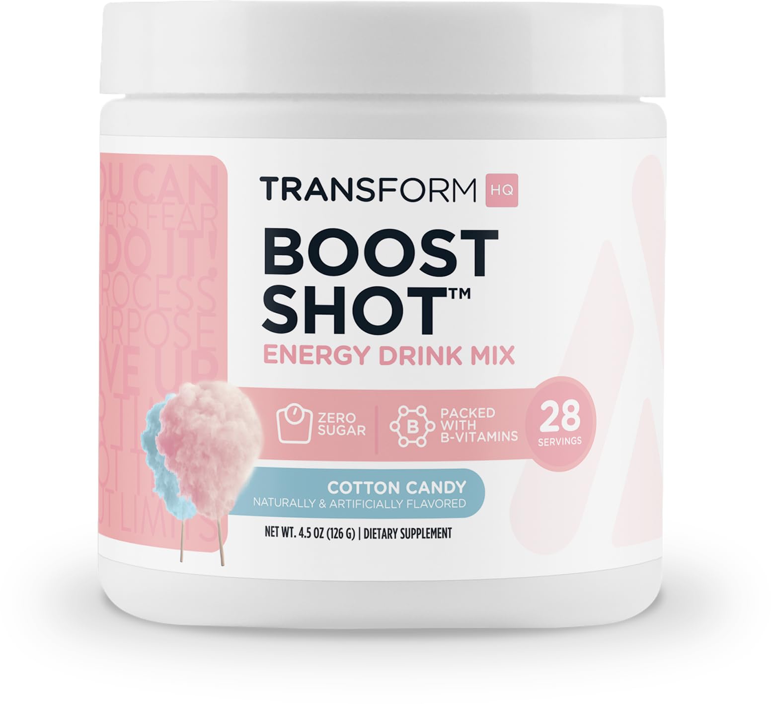 TransformHQ Mistura em pó para bebida energética com cafeína, L-carnitina e vitaminas B, sabor algodão-doce, 28 porções, 120 g