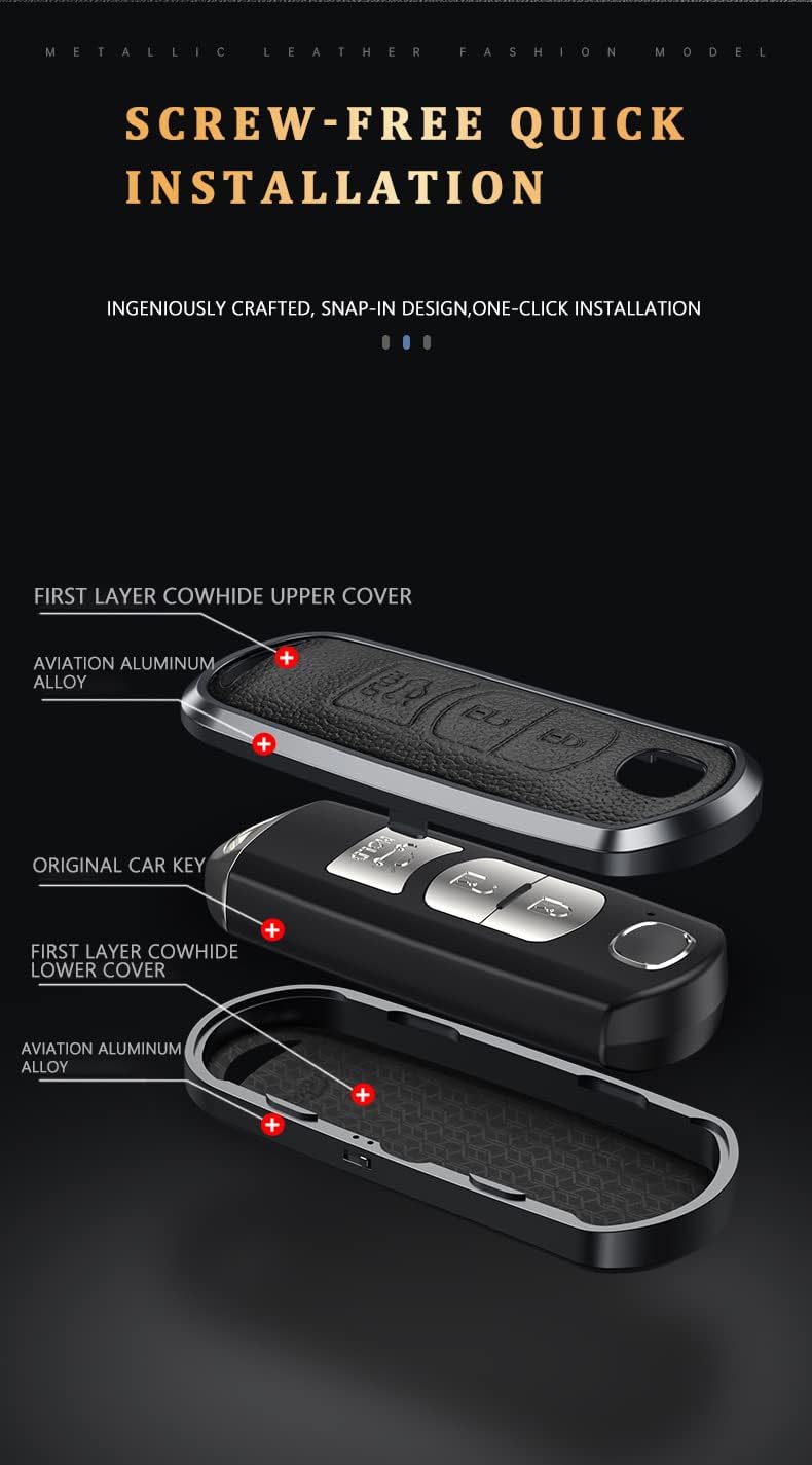KUNIO Car Key Fob Cover fit for 3 5 6 CX-3 CX-5 CX5 CX-7 CX-9 CX8 Speed Miata MX5 2015-2019 Aluminium Alloy Leather Key Cover Key Case 3 Buttons White