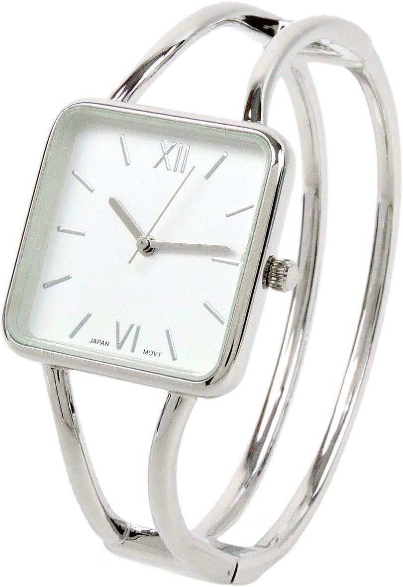 STC Silver Square Face Metal Double Band Fashion Women's Bangle Cuff Watch