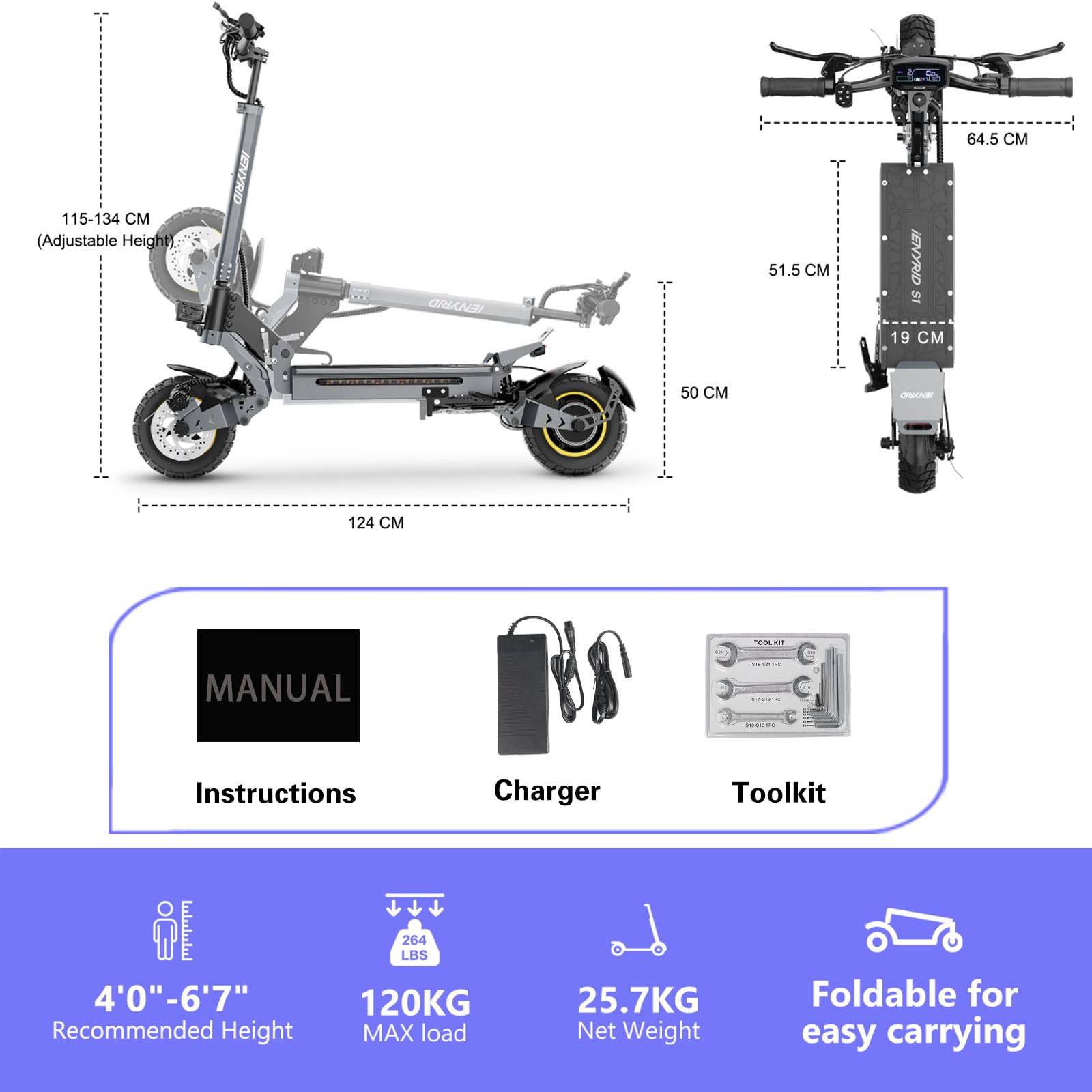 10" Monopattino Elettrico Adulto, Autonomia di 45-55KM, Doppio Ammortizzatore e Freni a Disco Anteriori e Posteriori, trotineta electrica Pieghevole,Scooter Elettrico Pieghevole Carico Massimo 150KG