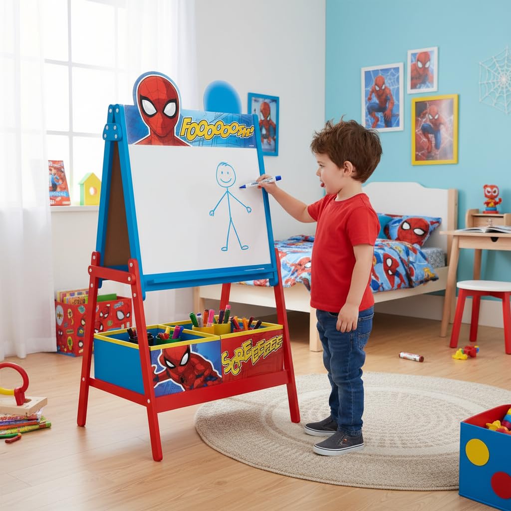 ARDITEX - Pizarra infantil de Marvel Spiderman con doble superficie para uso de tiza y rotulador y 2 contenedores textiles para almacenaje - 54x45x117cm - Contenedores de 24x30x15cm - Rojo y azul