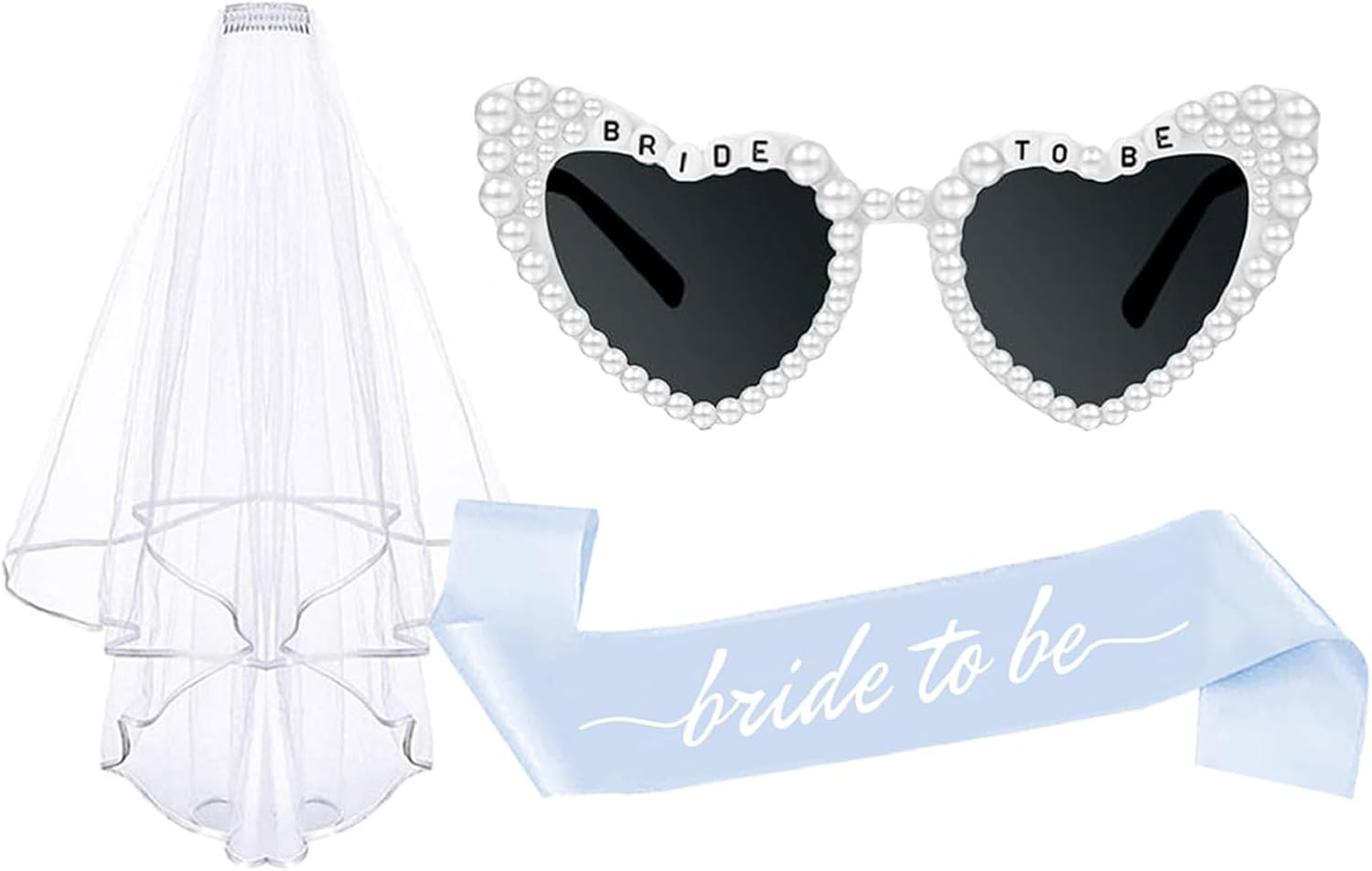 3PCS Blue Bride To Be Sash and Veils Bride to Be Heart Pearl Sunglasses