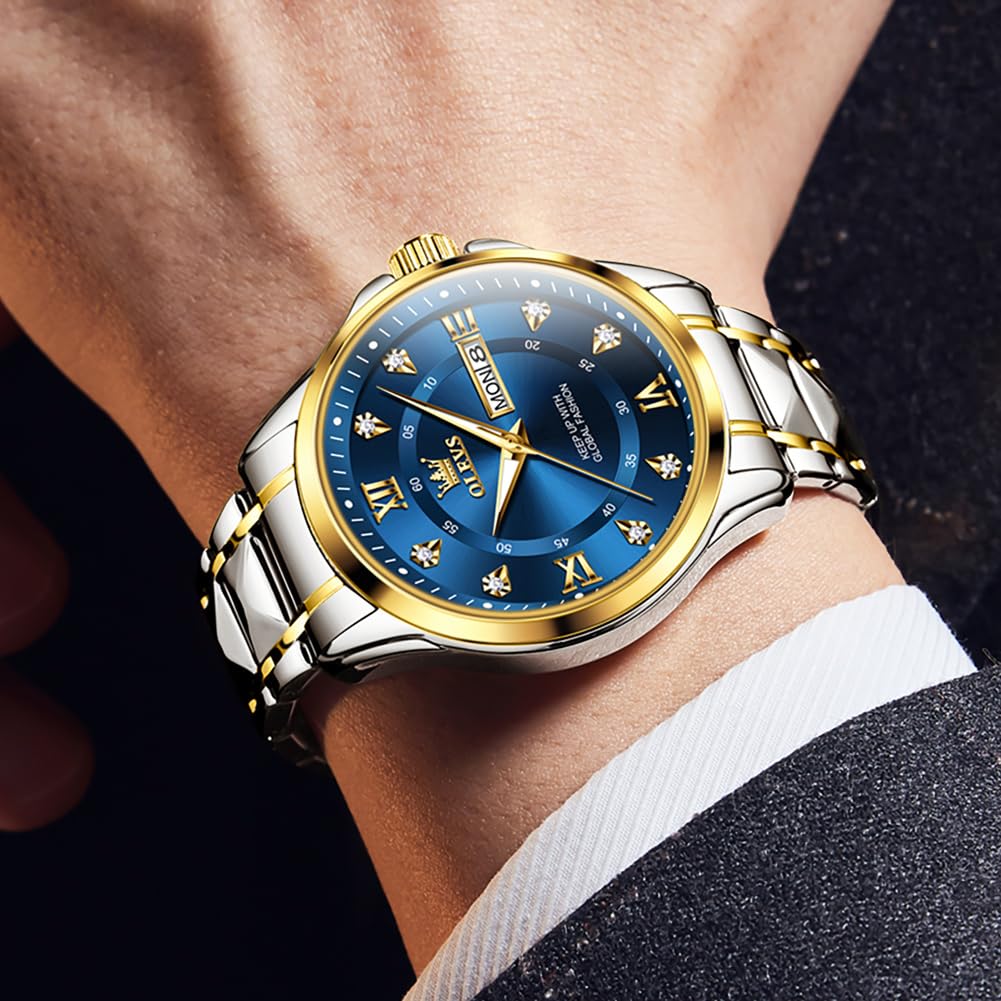 OLEVS Watch for Men Analog Quartz Two Tone Men Stainless Steel Waterproof Luminous Diamond Fashion Men's Wrist Watches Blue 1