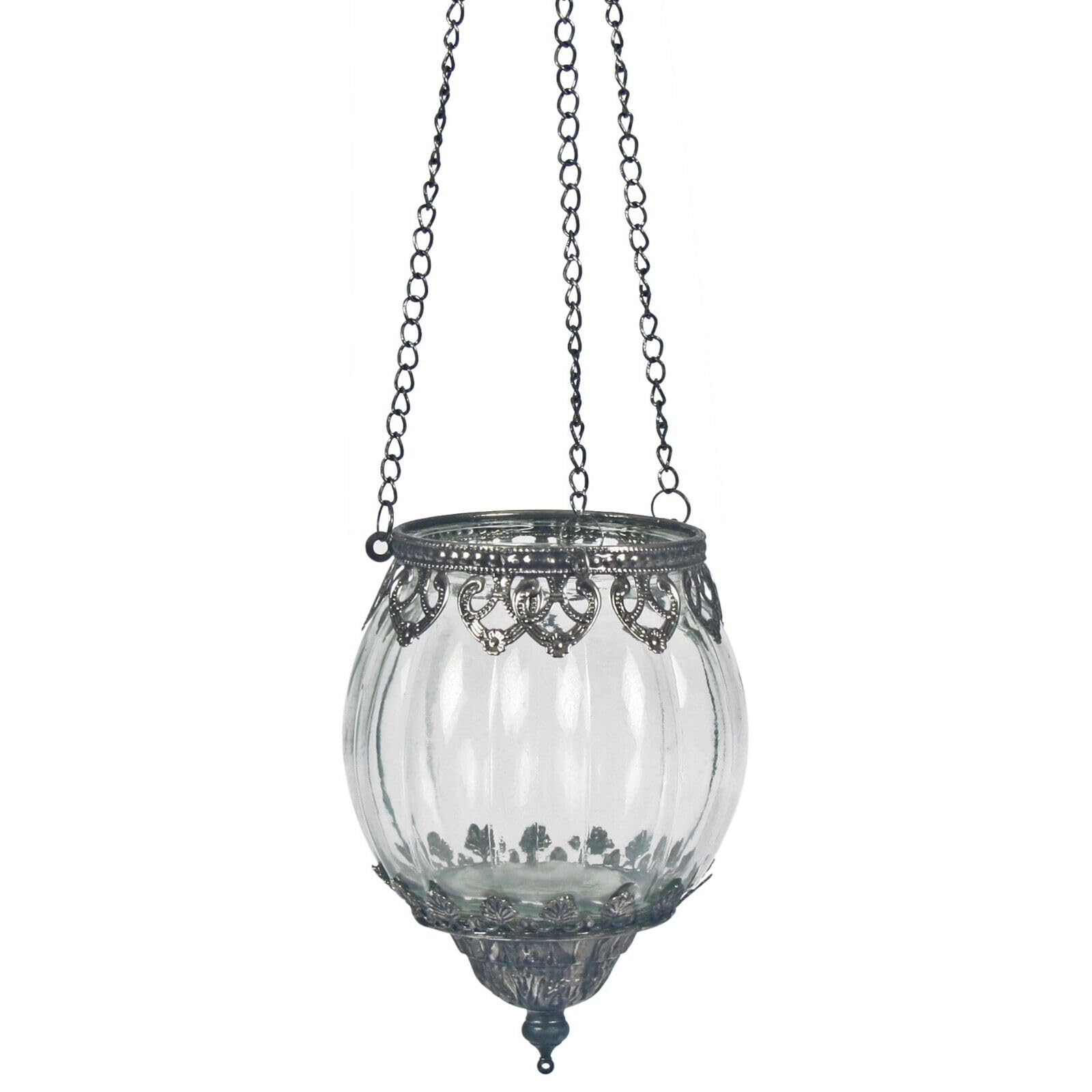 Fyne-Finds Glass Hanging Ribbed Tea Light Candle Holder Moroccan Lantern Home Decor Metal