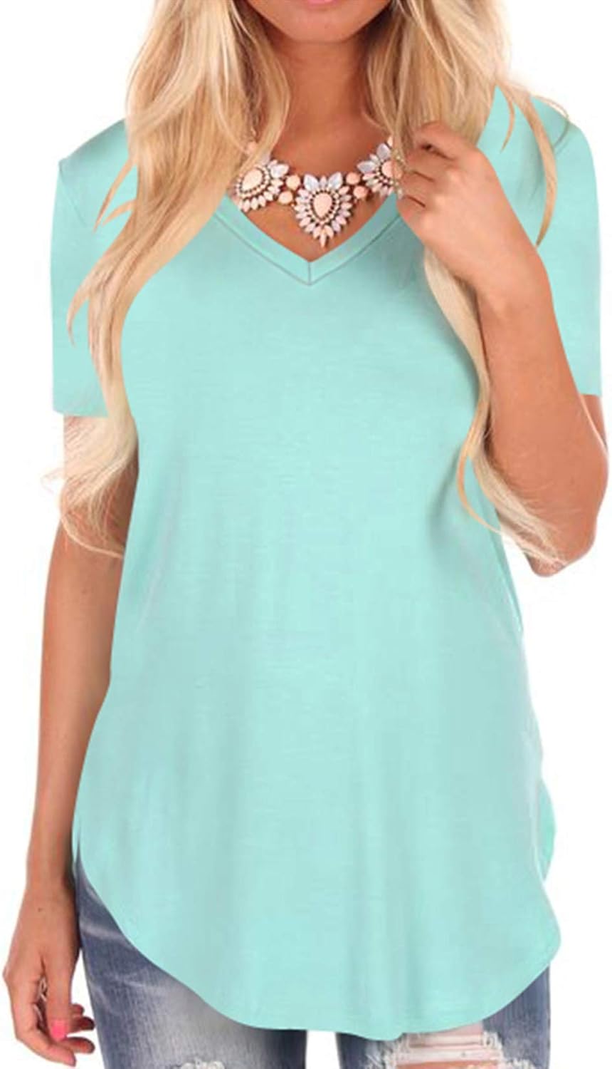 NIASHOT Womens Short Sleeve V-Neck Loose Casual T-Shirts Summer Tops Small 6-aqua