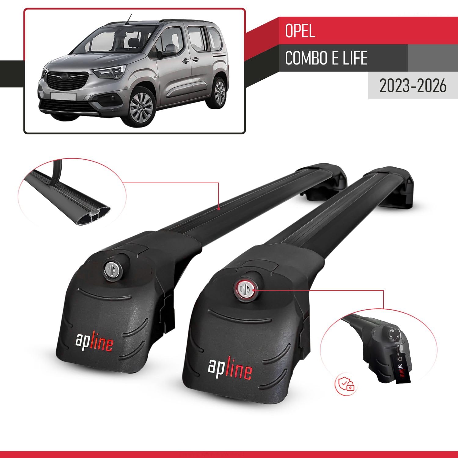 Compatible con Opel Combo E Life 2023-2026 Modelo Ace-2 Barra de Techo Auto Portaequipajes Barras Transversales Negro Aluminio 2 Barras