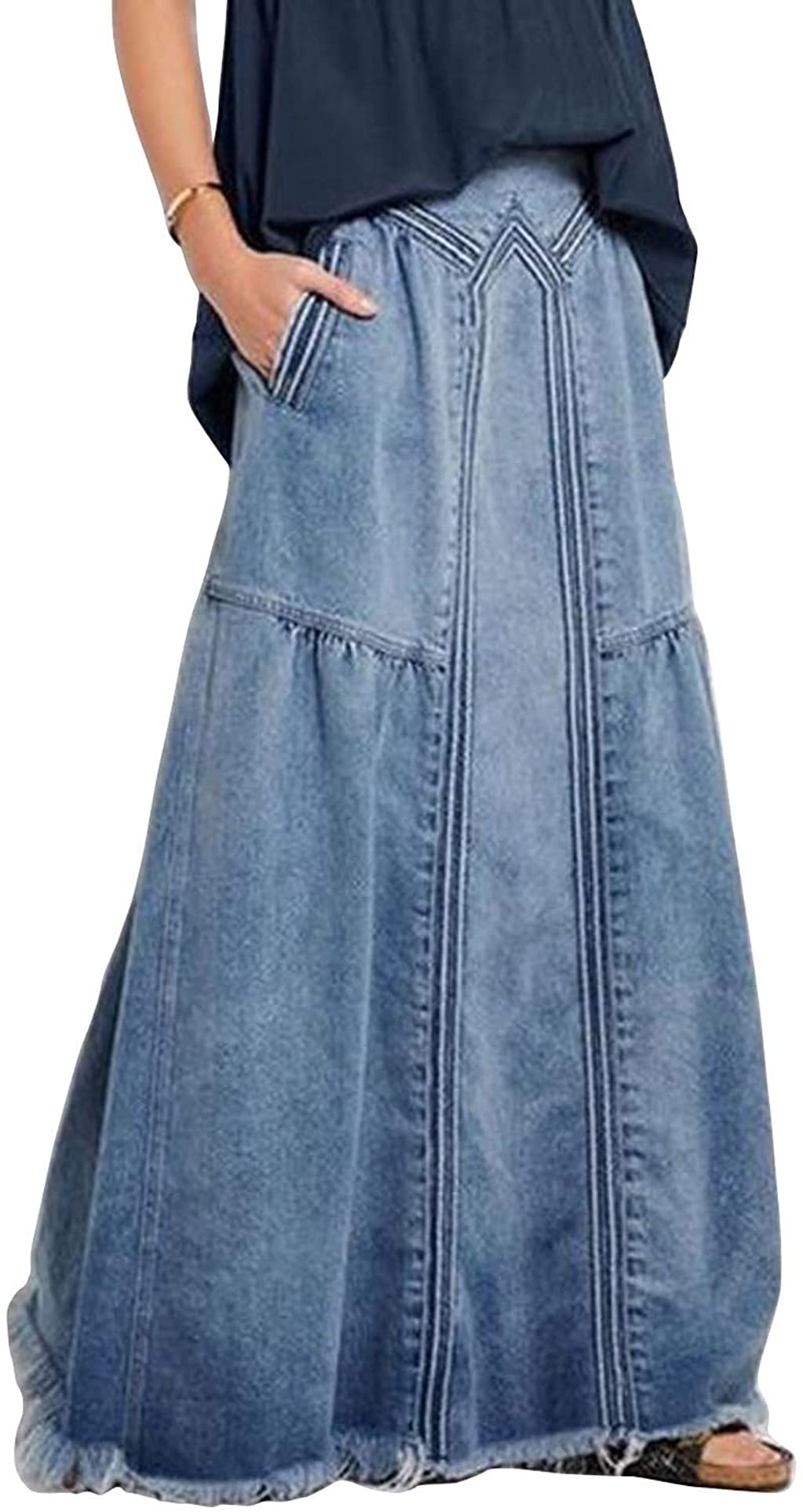 ebossy - Falda larga vaquera estilo hippie de corte evasé para mujer, cintura elástica, bajo deshilachado y acabado desgastado
