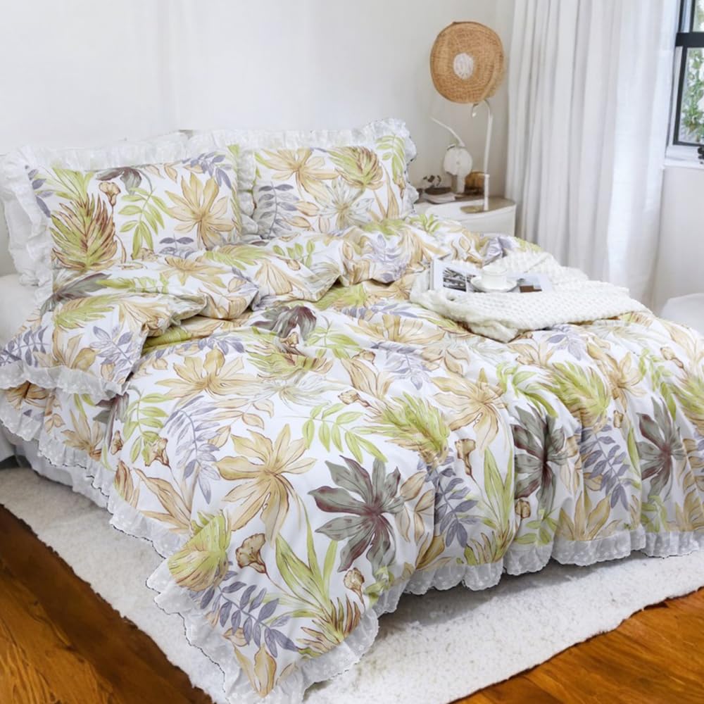 Parure de lit 100% coton chic avec dentelle jaune et verte pour lit double Helthep