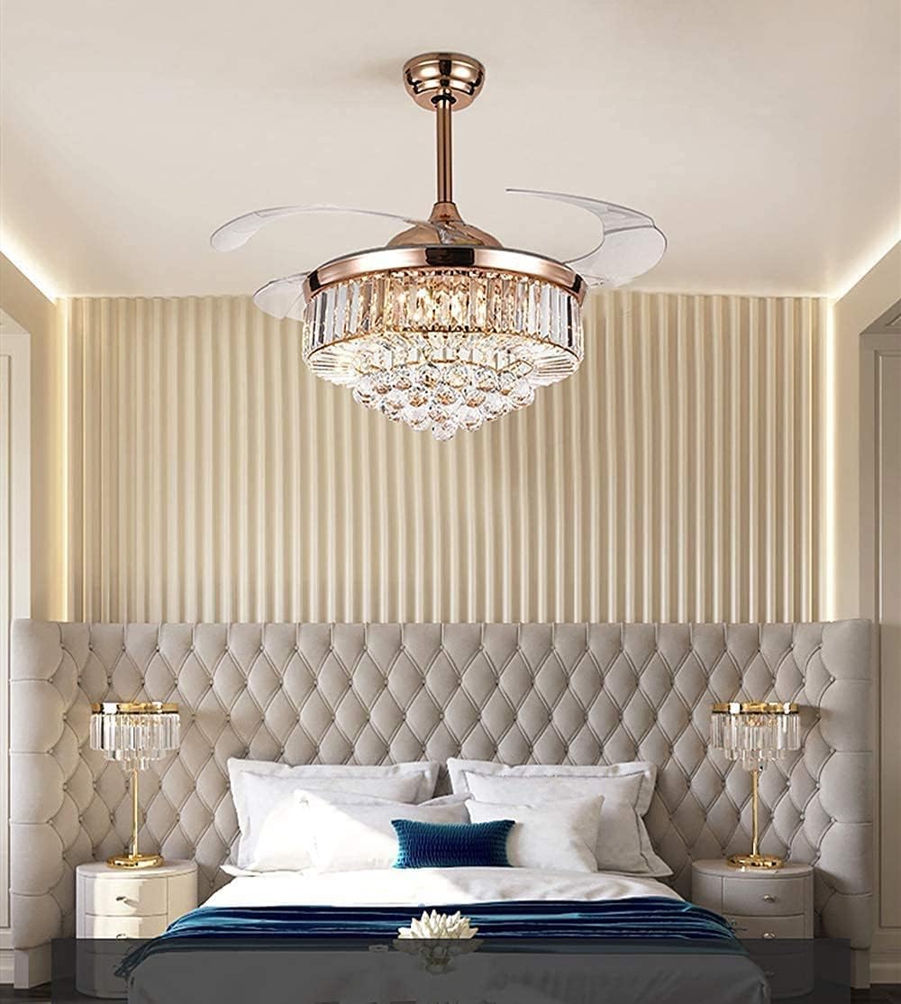 RuiWing 42" Crystal Fandelier Ceiling Fan with LED Light and Remote Control Retractable Fandelier 3 Colors 3 Speeds with Silent Motor Luxury Lighting Fixture for Indoor Bedroom Living Room