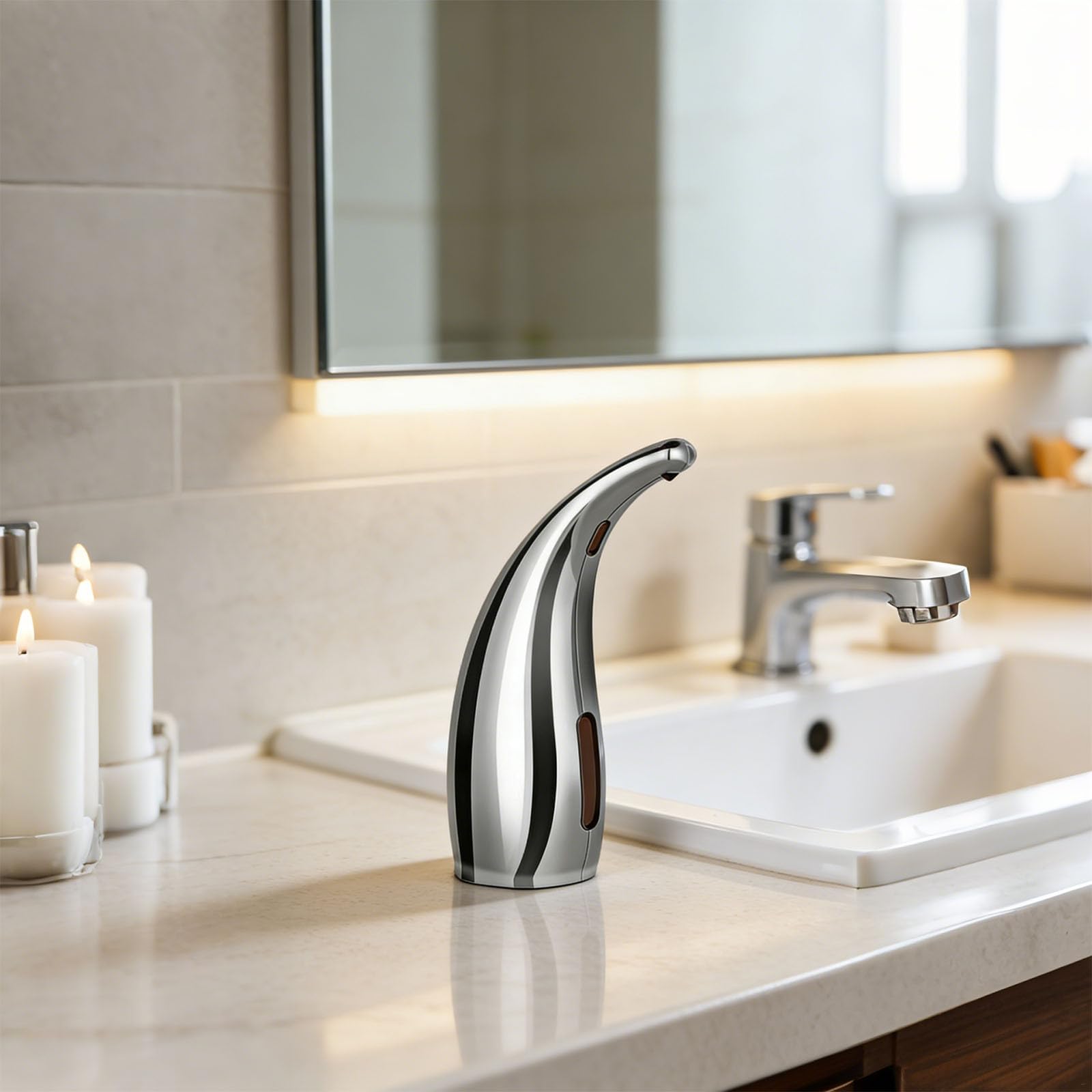 Dispenser automatico di disinfettante per le mani, dispenser di sapone touchless, 300 ml, argento, impermeabile IPX6/IPX7, sensore a infrarossi per cucina e bagno