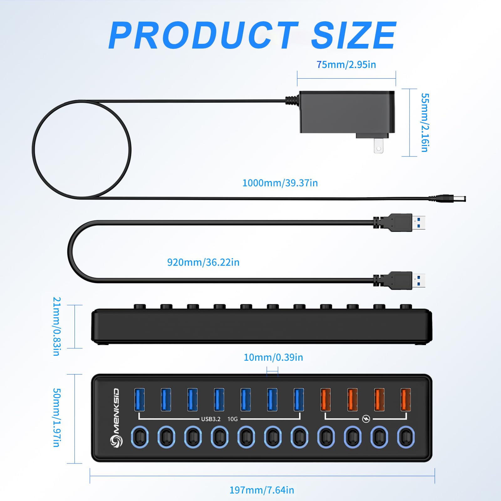 MENKSID - Hub USB alimentato a 11 porte, 7 porte di trasferimento dati USB 3.2 + 4 porte di ricarica intelligenti, interruttore indipendente (con indicatore di alimentazione LED), hub USB 3.2