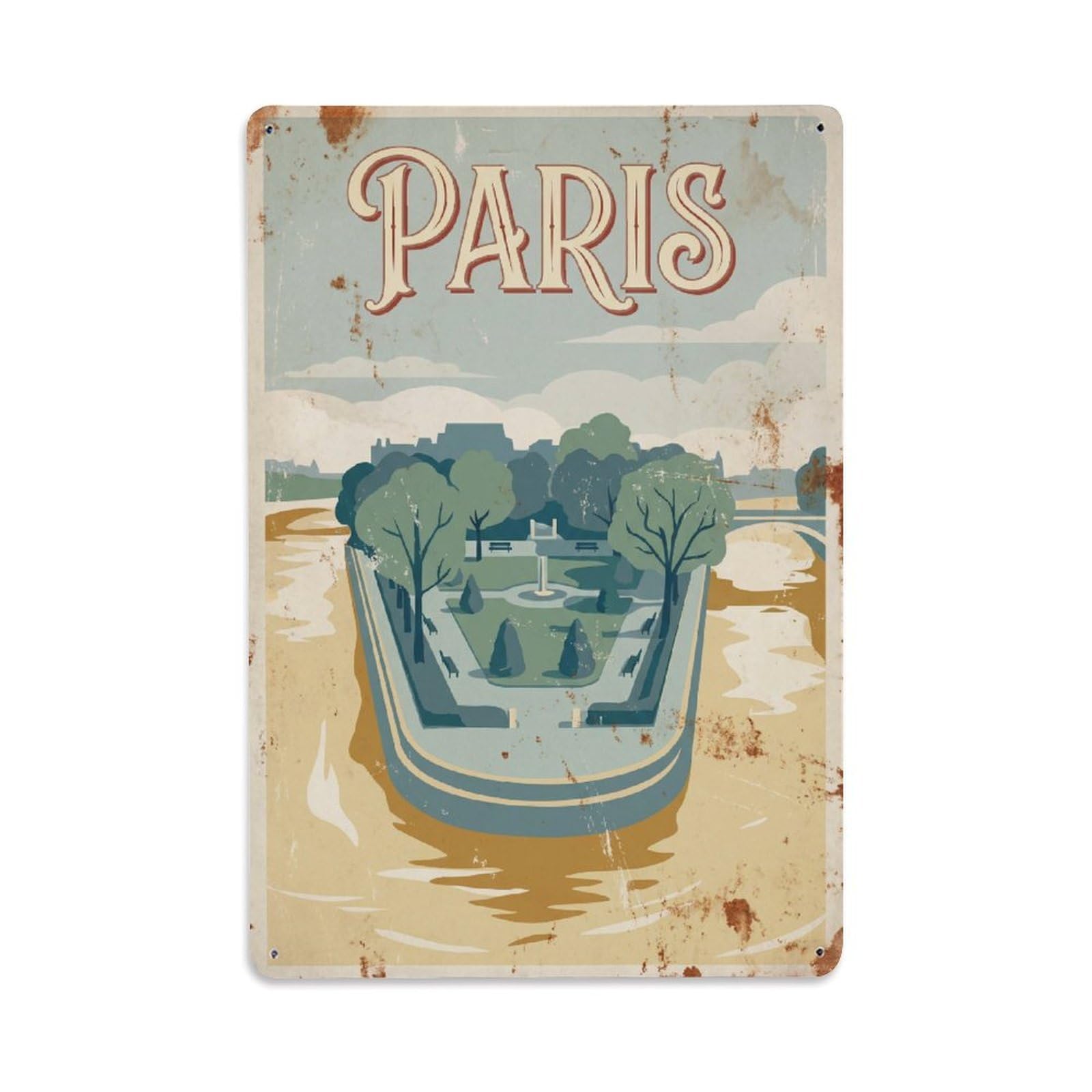 Vintage Travel Paris Square Du Vert-Galant Garden Rusted France Metal Tin Sign Plaque Wall Decor for Cafe, Club Bar, Office, Home Garden Metal Poster 8x12Inch