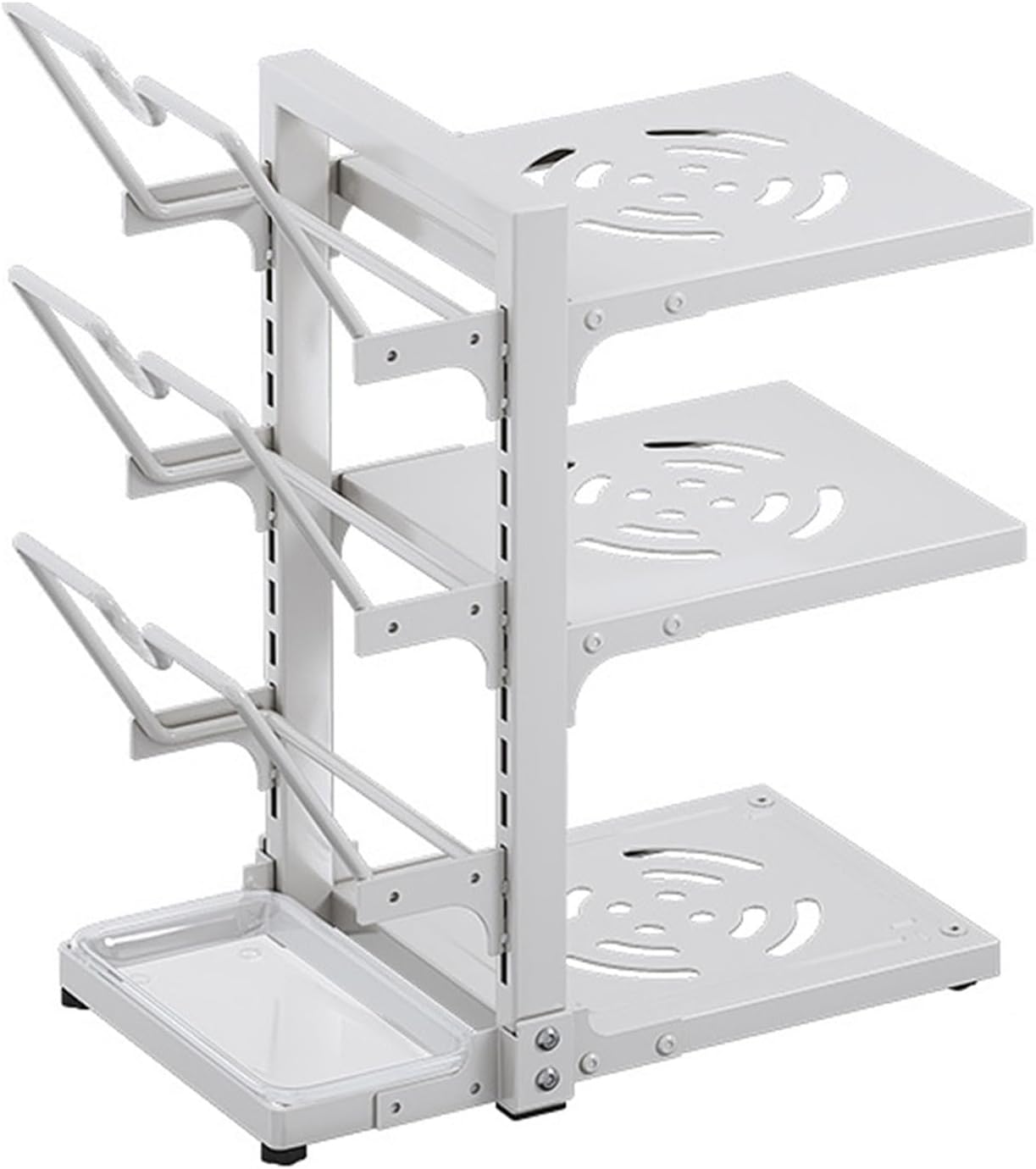 Multifunctional Adjustable Pot and Pan Organizer Rack, Floor Standing Pot Rack for Cabinet, Pot Lid Holders with Drain Tray, Carbon Steel Cast Iron Pot Rack,White-3-Tier