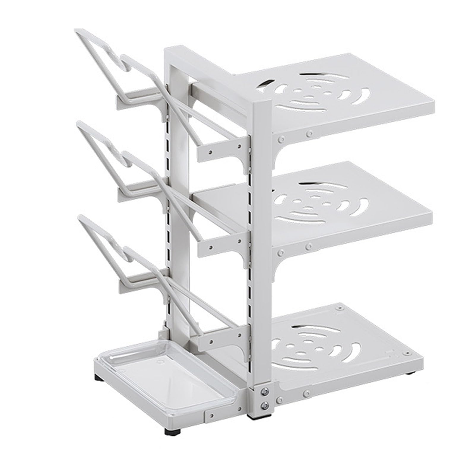 Organizador de ollas y sartenes, almacenamiento ajustable de pie para armarios de cocina, incluye soportes para tapas de ollas y bandeja de drenaje, construcción duradera de acero al carbono