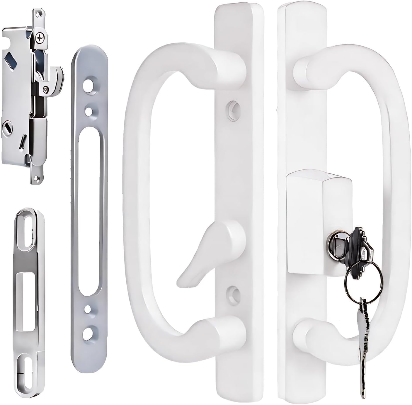 Offset Sliding Patio Door Handle Set with Mortise Lock & Keys | 45° Keyway | Fits 1-3/8" to 2" Doors | 3-15/16" Hole Spacing | Zinc Alloy | Non-Handed | Matte White Diecast