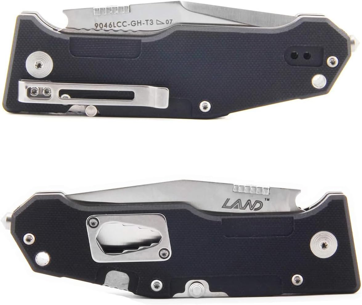 Land 9046 Folding Knife Utility with Pocket Clip Wrench 3.35" 12C27 Blade G10 Handle for Outdoor Camping