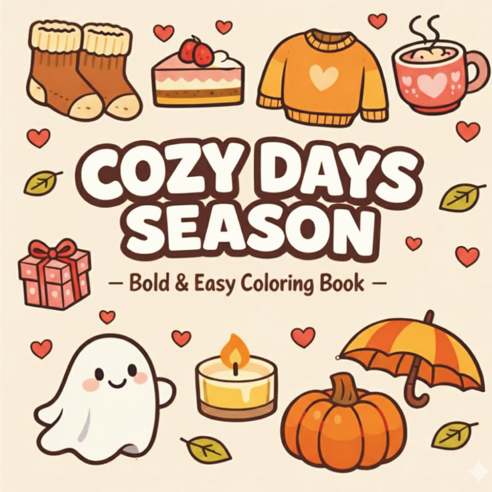 Cozy Days Season: Bold & Easy Coloring Book for Adults and Teens, Featuring Cute Fall, Halloween & Valentine Designs for Relaxation and Stress Relief (Cozy Days Series)