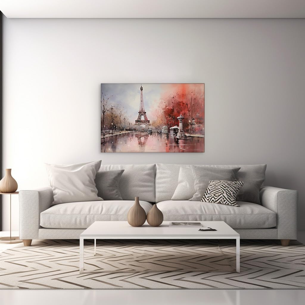 Canvas for Living room. Eiffel Tower Bliss � A Dreamy Confluence of Romance and Peace, 27 x 18 inch Canvas Wall Art - Contemporary Masterpieces - Inspirational Office Decor