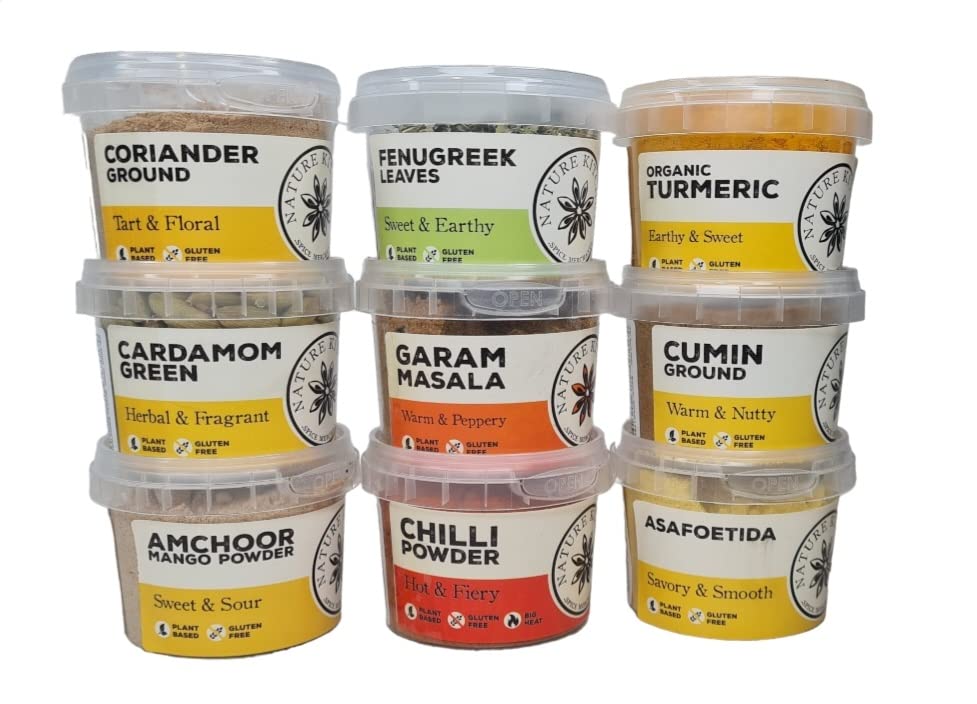 9x Essential Indian Spices, Curry Spice Seasoning Set. Gluten-Free Herbs and Spices for Cooking Recipes. Includes Cumin, Turmeric, Amchoor, Fenugreek, Cardamom and More